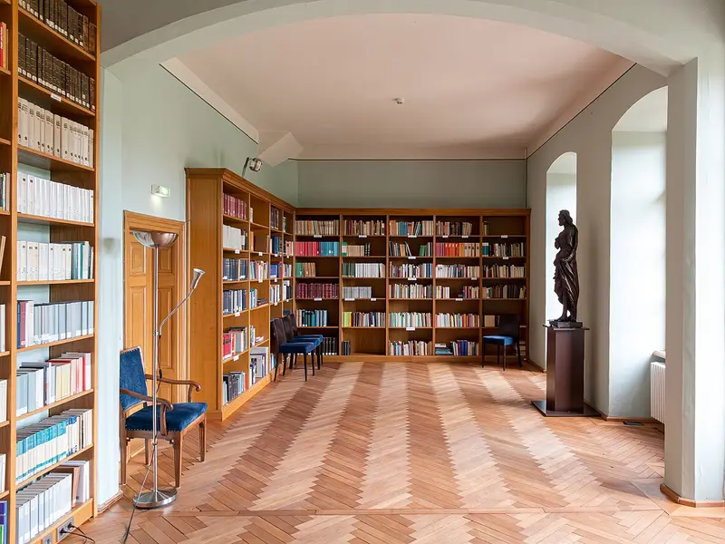 Biblioteca con parquet en espiga de gran formato