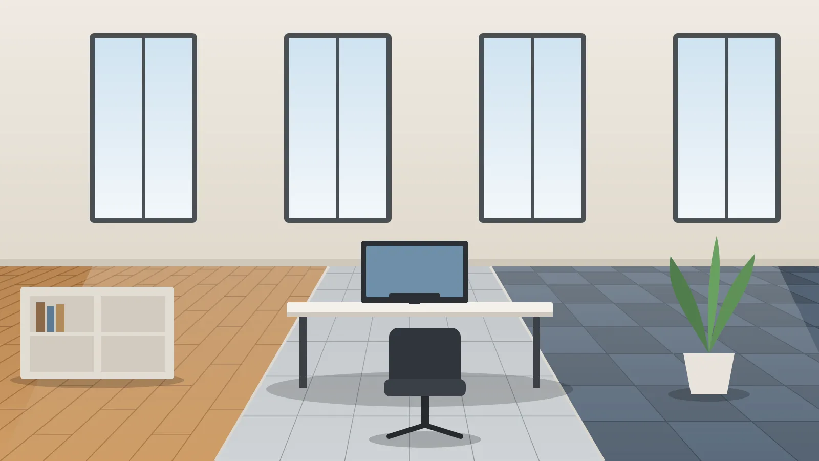 Ilustración de una oficina con tres zonas de pavimento: madera, vinílico gris y moqueta en losetas